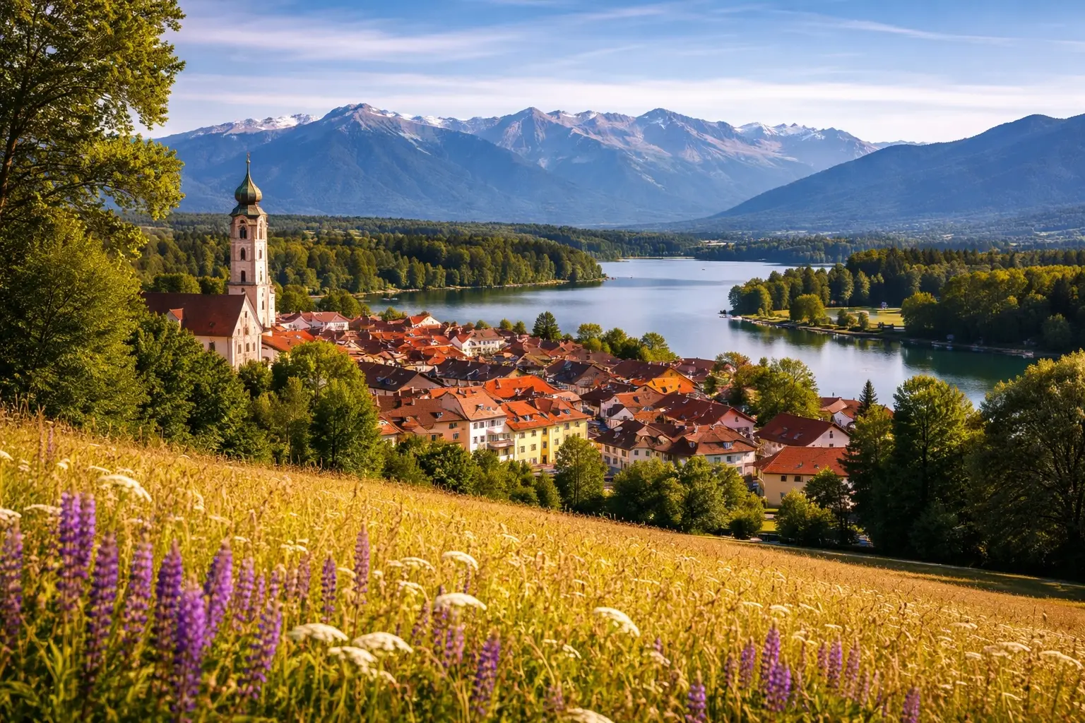Blick über Murnau und den Staffelsee bis zu den Alpen